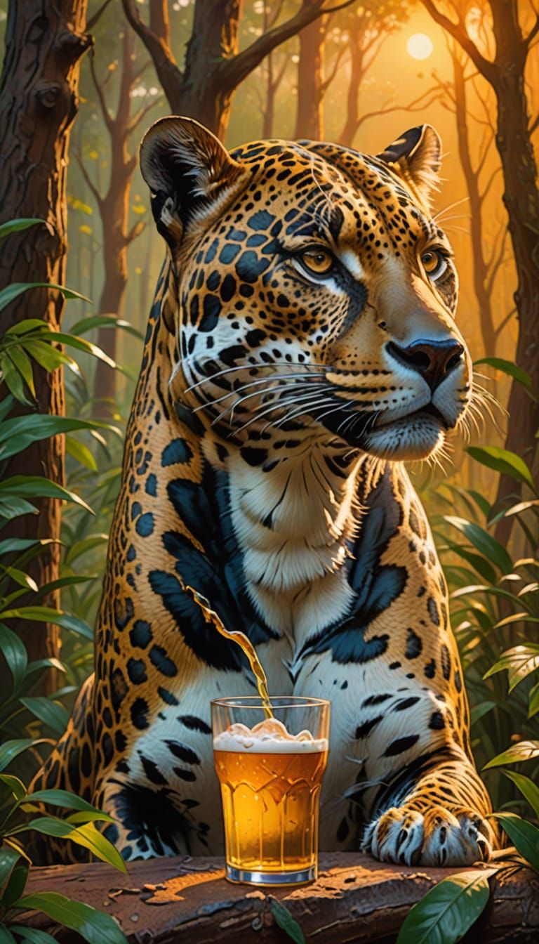 Happy Jaguar Drinking Beer in Forest: Oil Painting