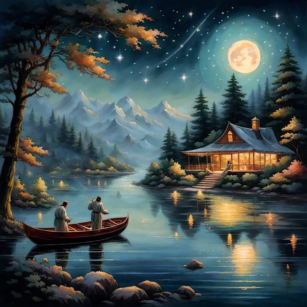 Celestial Fisherman Casting Starlight Line into Nebula Ocean