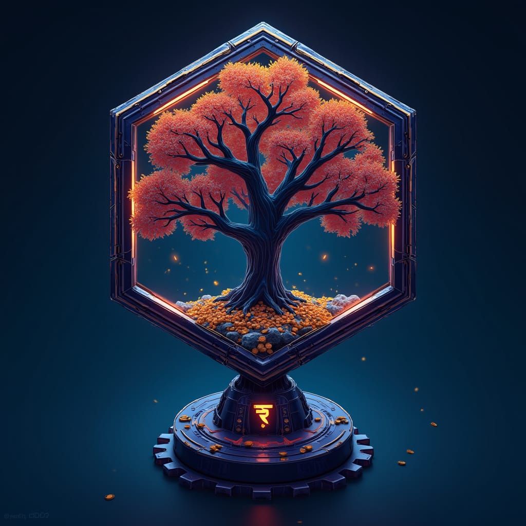 Digital Tree with Rupee Coins in Cyberpunk Style