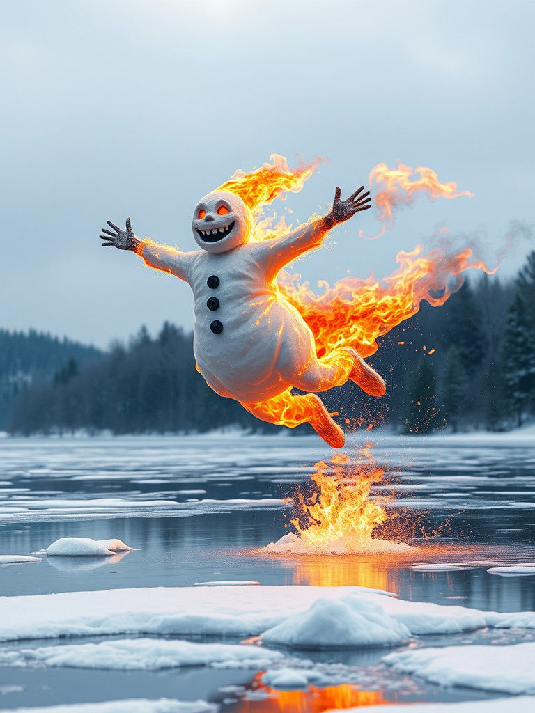 Fiery Snowman Leaps Over Frozen Pond
