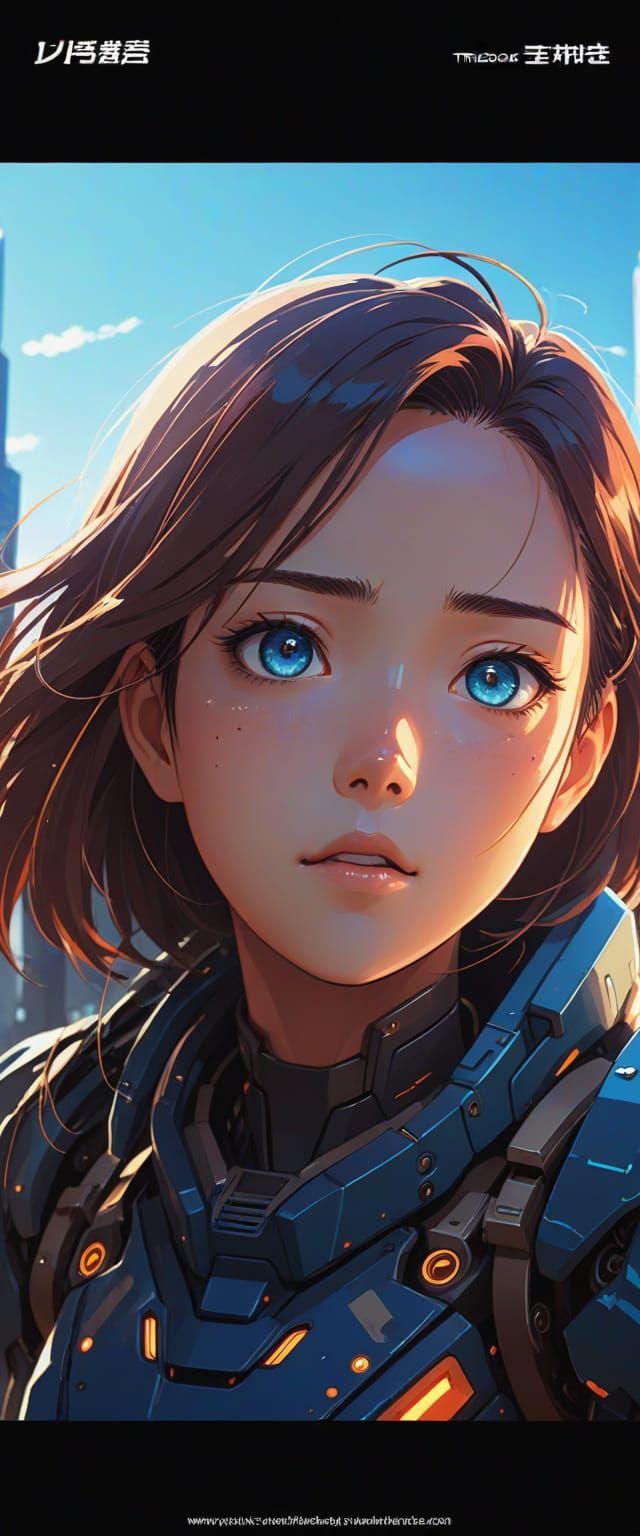 Cyberpunk Cityscape Girl Meets Robot in Vibrant Anime Style
