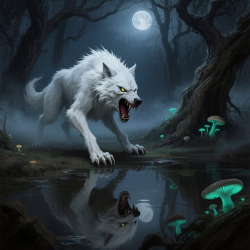 Fearsome White Werewolf Growls at Reflection in Moonlit Fore...