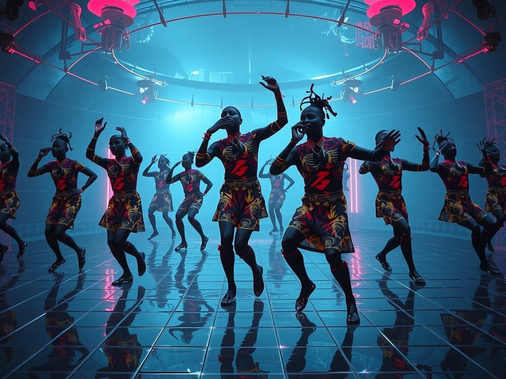 Cyberpunk Dancers Beneath Lake Victoria, Neon Lights