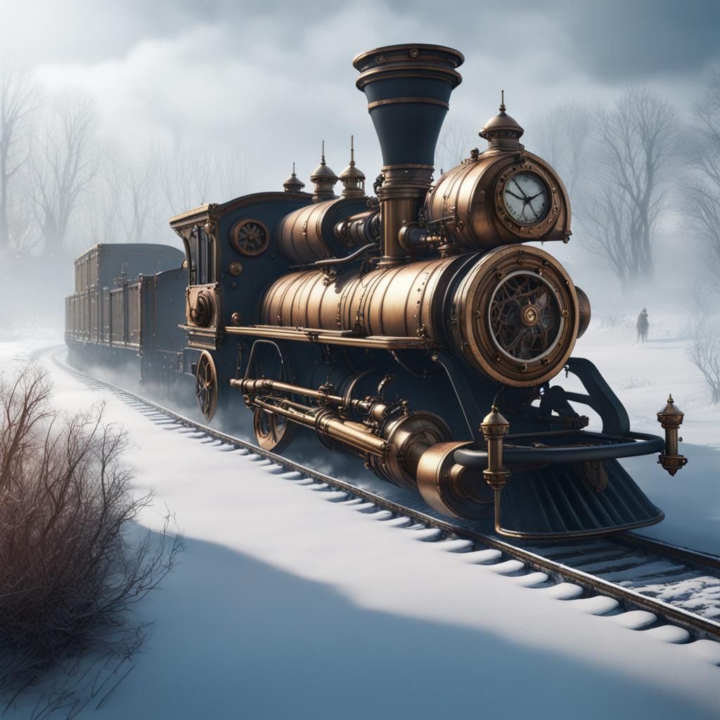 Steampunk Train Through Snowy Field: Detailed Matte Painting
