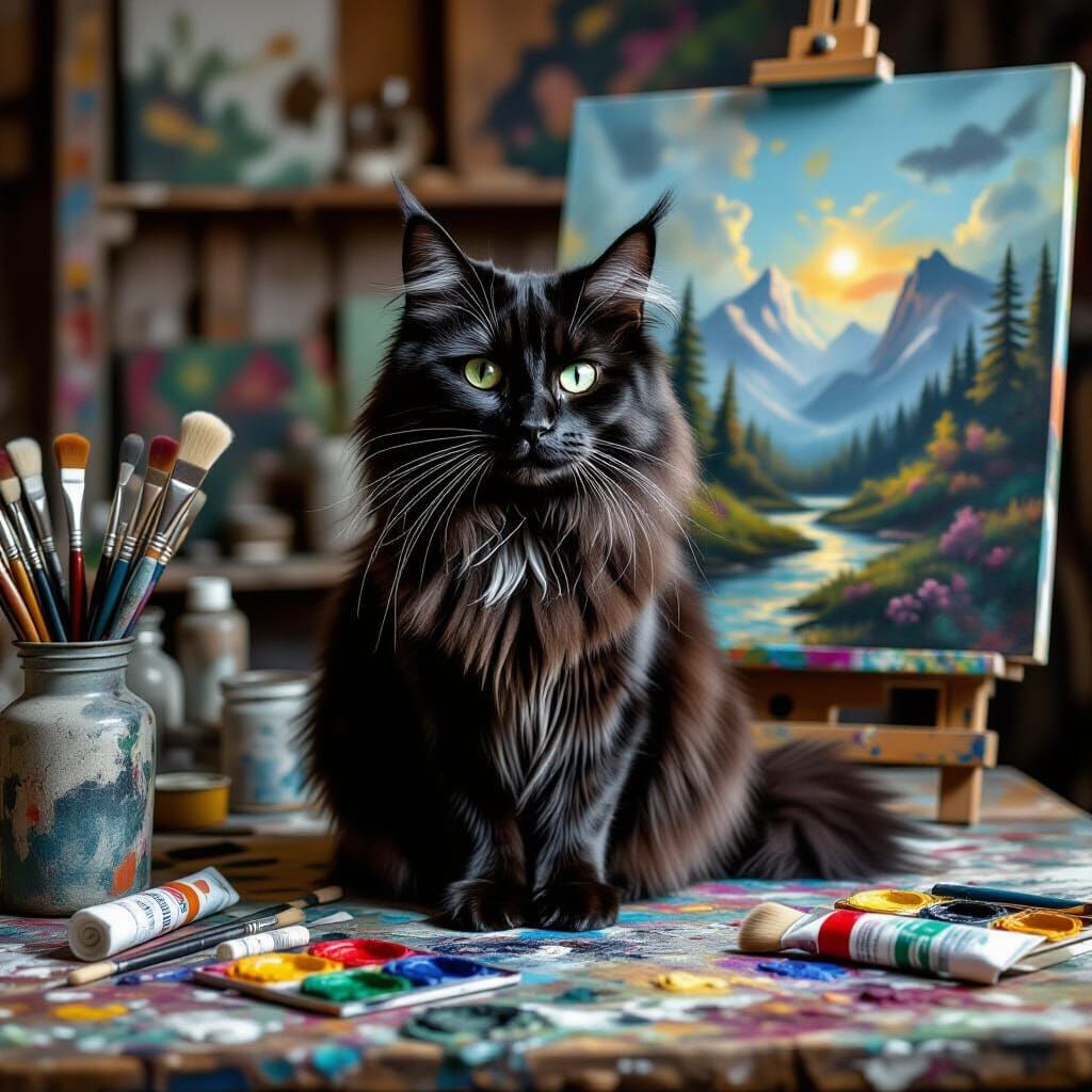 Majestic Black Cat in Chaotic Artist Studio