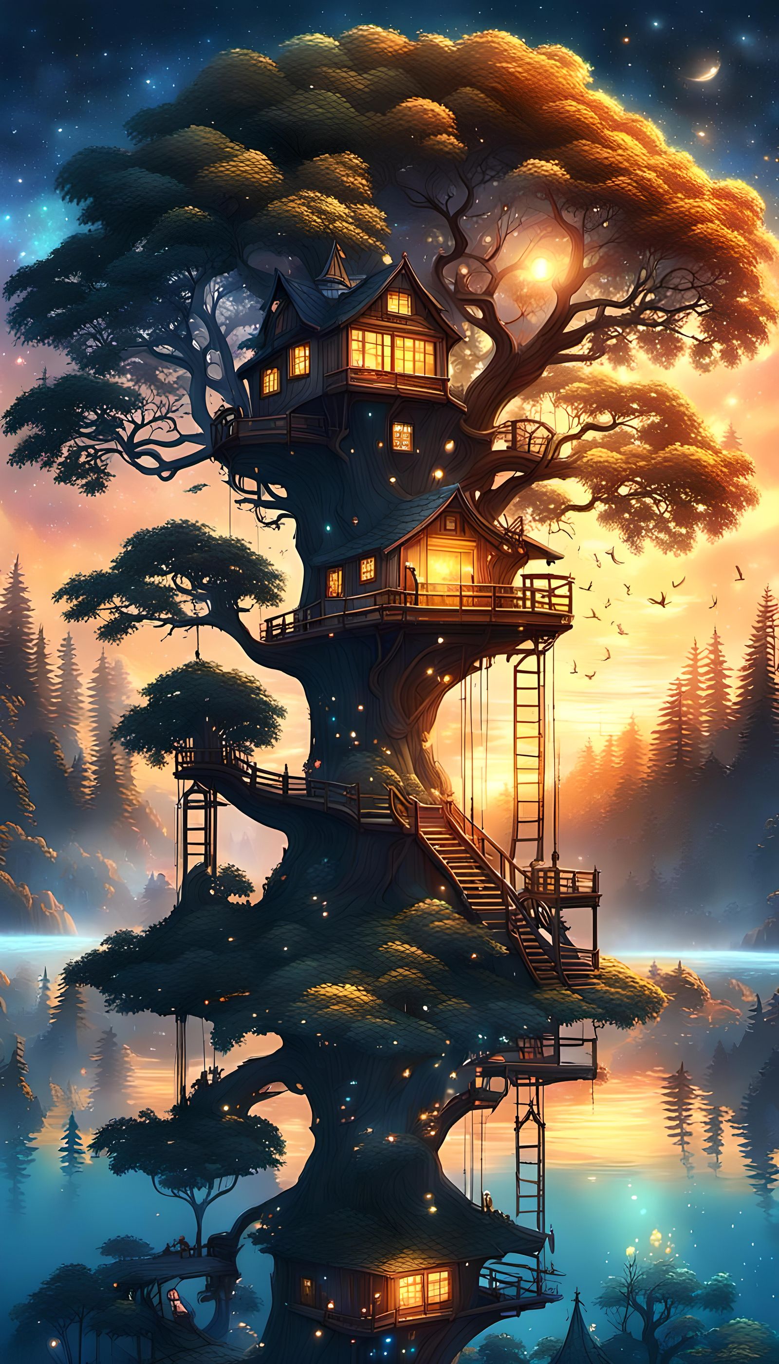 Mystical Treehouse at Sunset: Digital Art