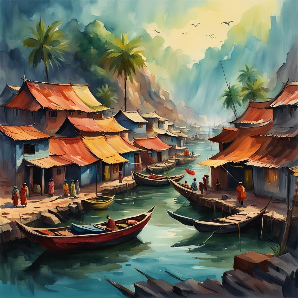 South Asian Fishing Village Gouache Watercolor