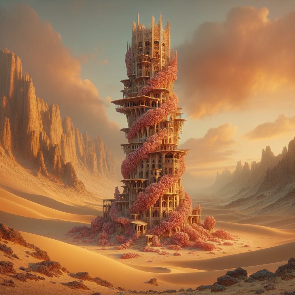 Majestic Coral Tower in Desert Twilight