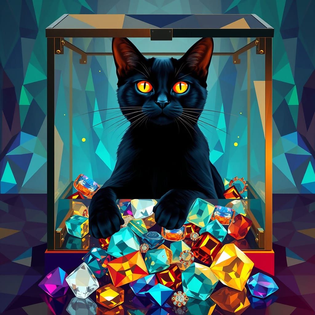 Sleek Black Cat Surrounded by Vibrant Glass Jewelry in Futur...