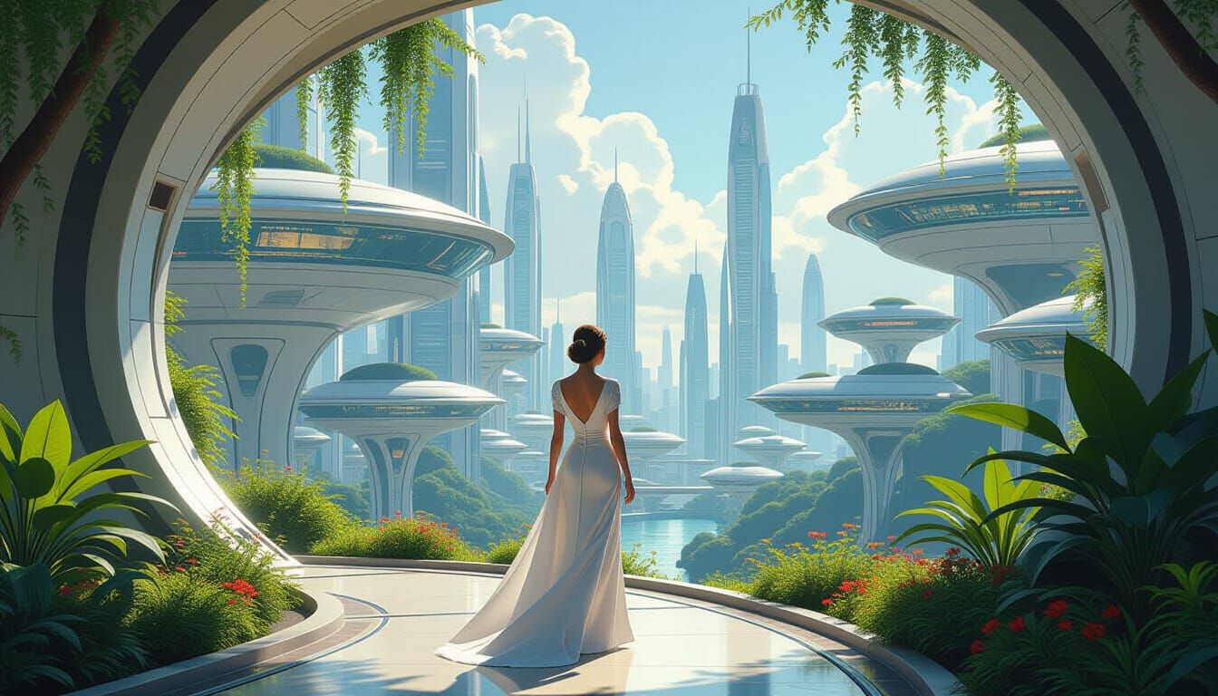 Utopian Frutiger Cityscape with Elegant Woman