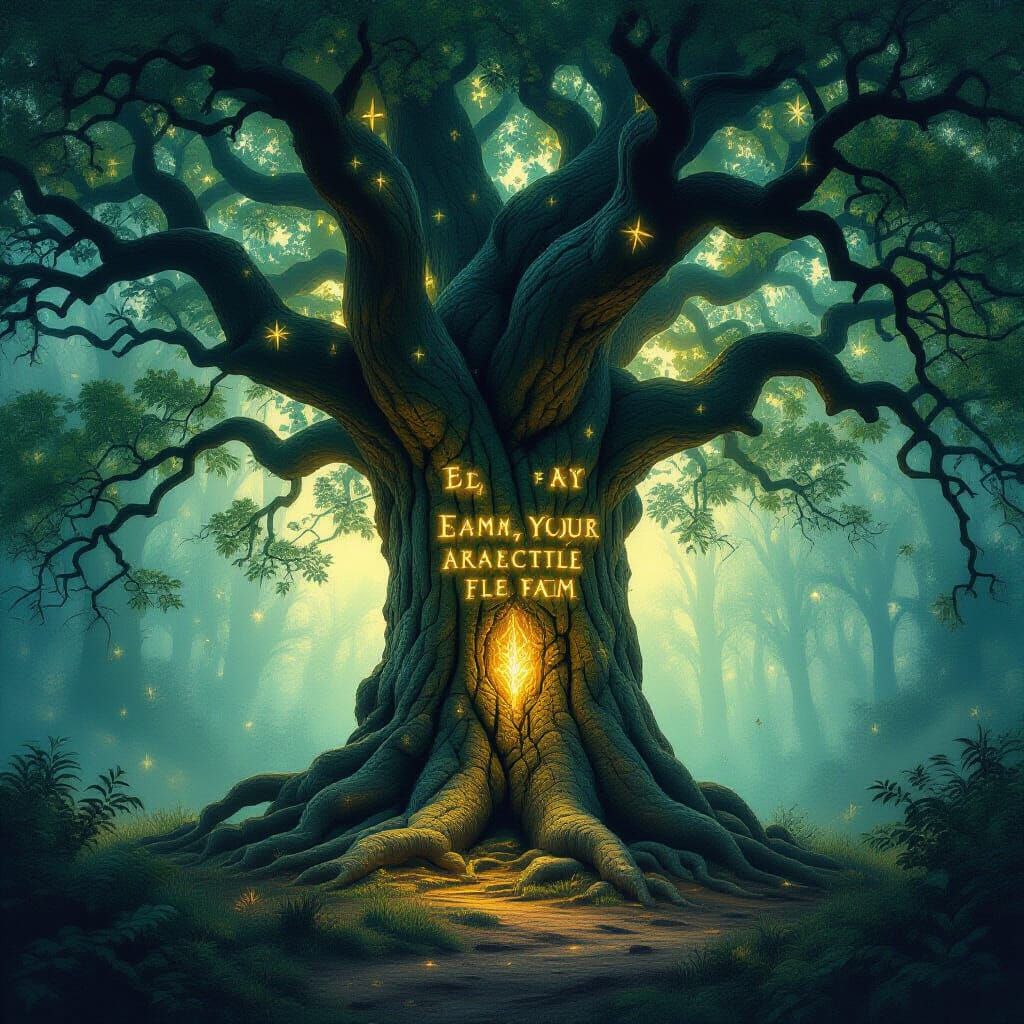Ancient Tree with Glowing Runes in Enchanted Forest