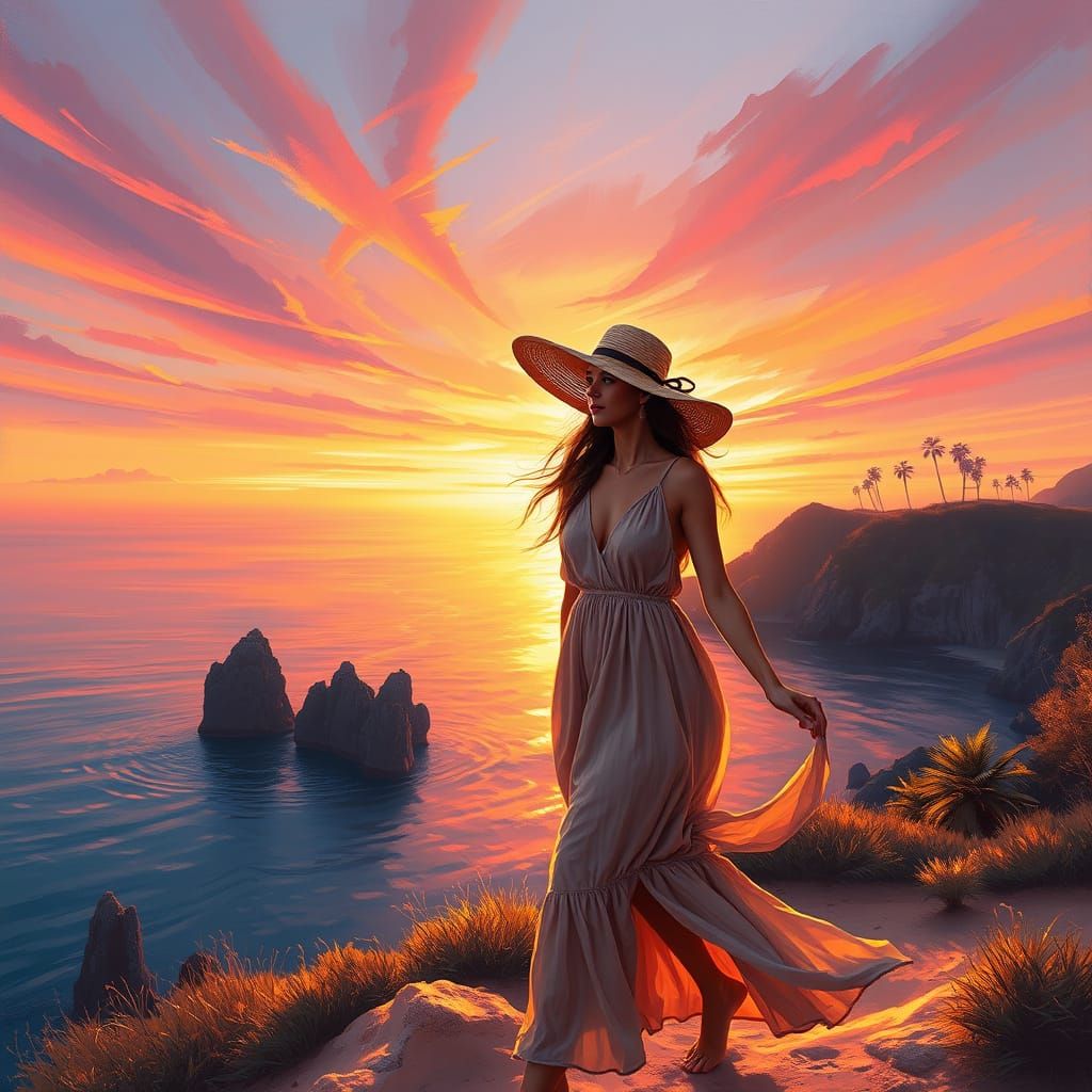 Serene Woman Strolls Catalina Island at Golden Sunset