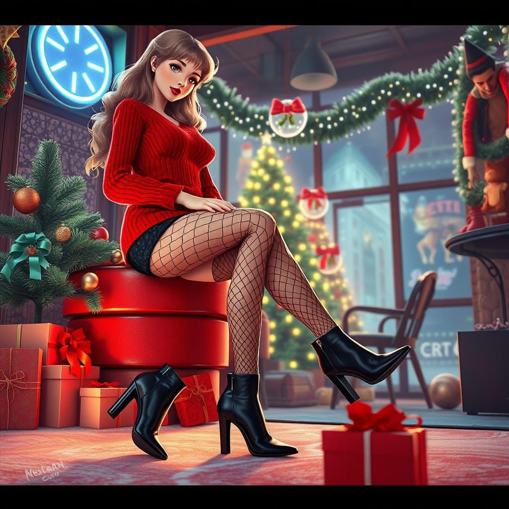 1960s Christmas Scene with Cyberpunk Twist