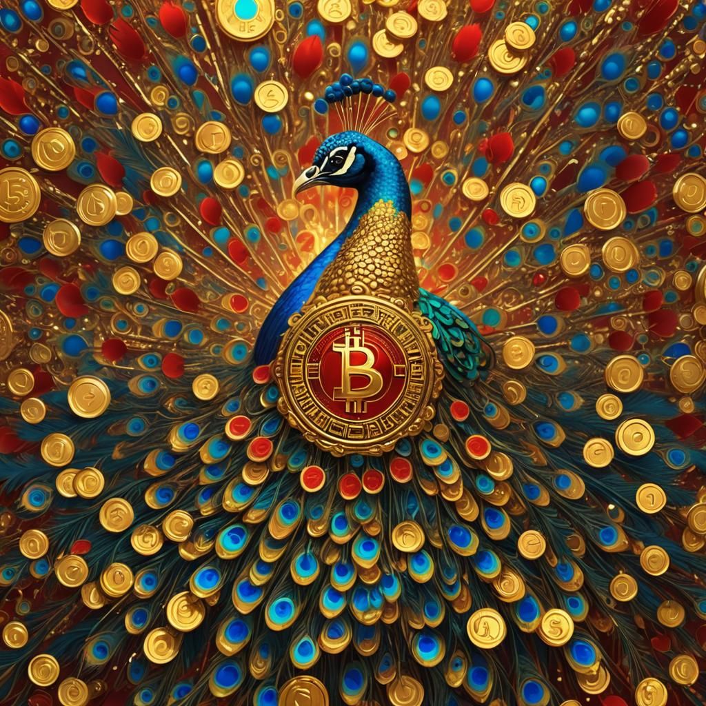 Fiery Bitcoin Peacock: Digital Art in 8K