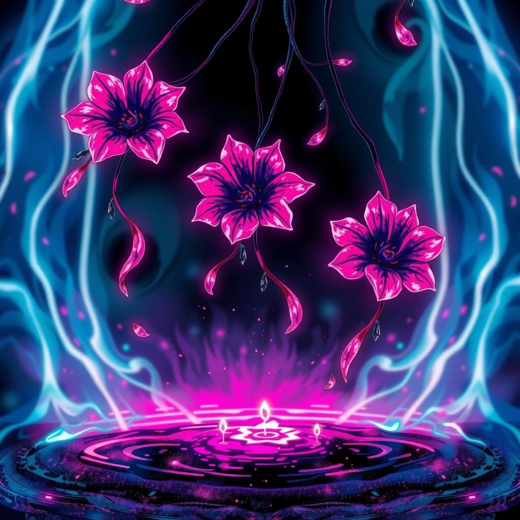 Vibrant Neon Flowers Above Mysterious Pool