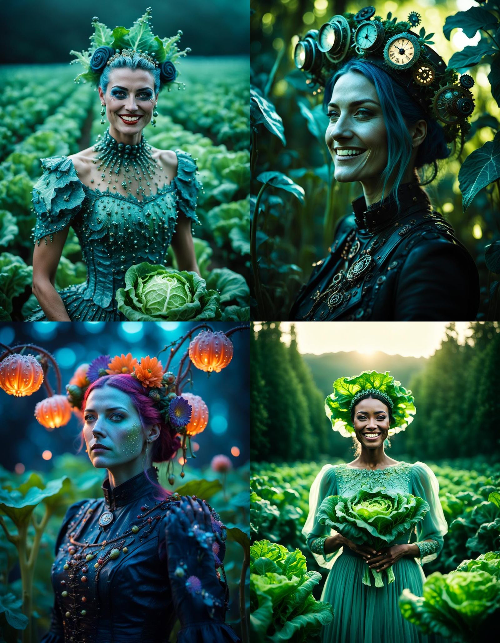 Ethereal Steampunk Flowerpunk Forest with Elegant Woman