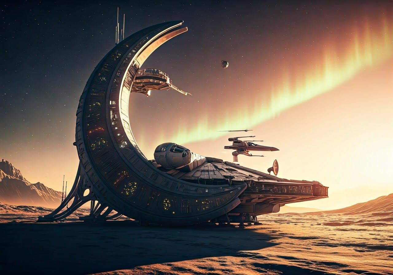 Spaceship Refueling Station on Alien Moon in Dreamlike Style