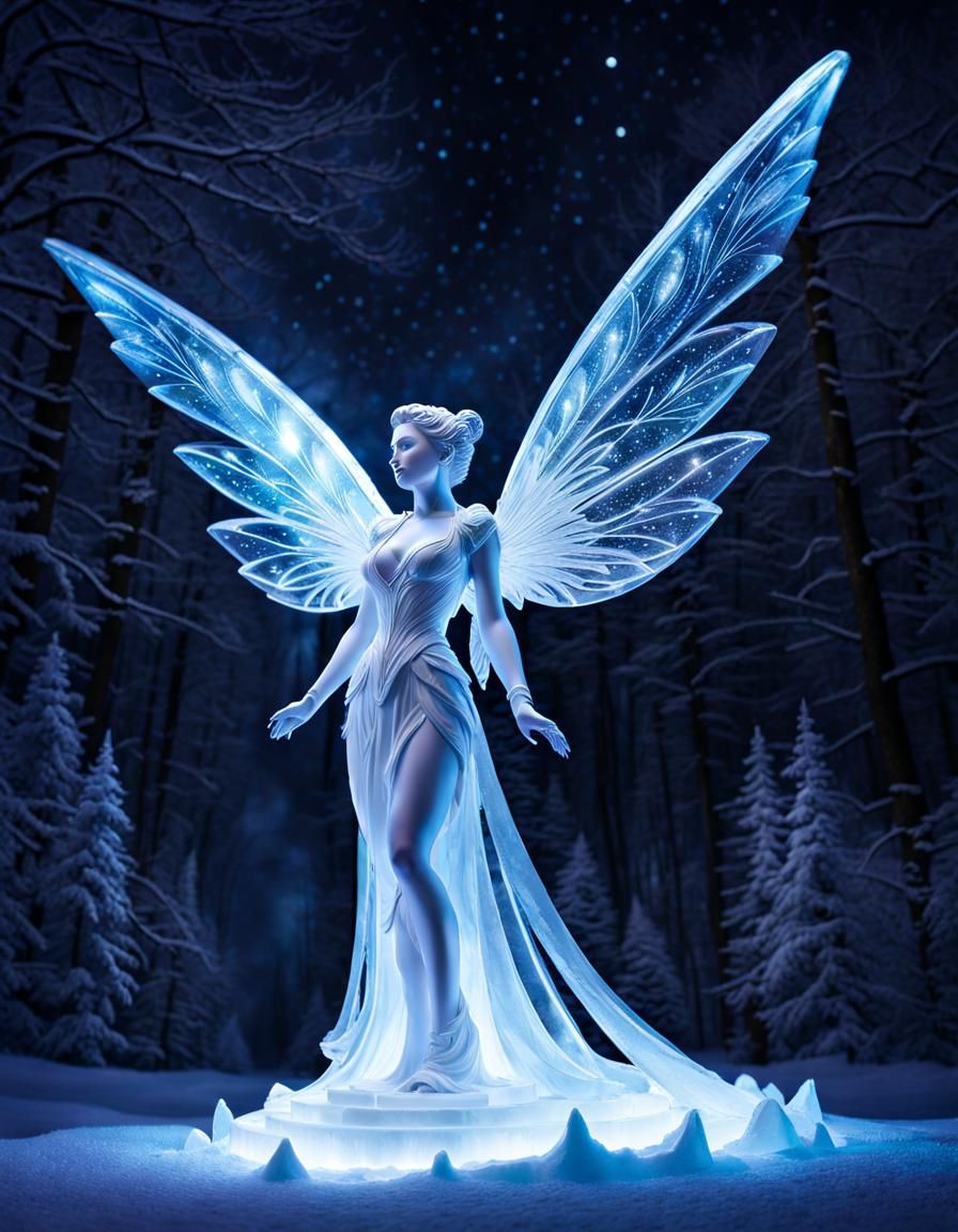 Intricate Ice Fairy Sculpture in Frozen Forest