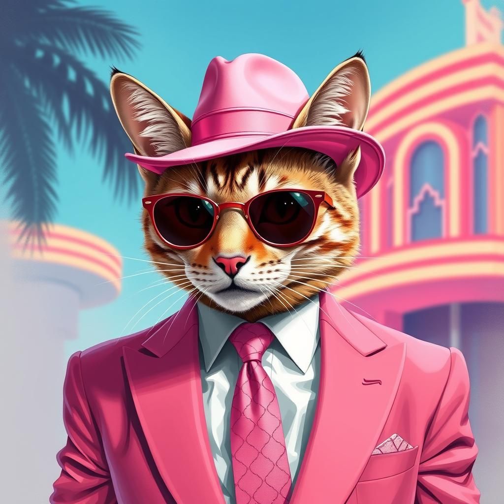 Cat in Pink Suit, Miami Vice Style Digital Painting
