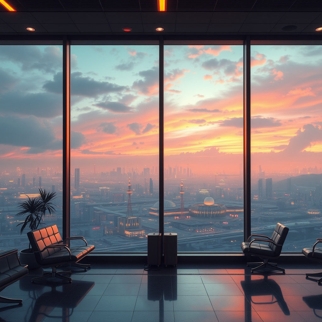 Ethereal Cityscape View from Serene Airport Lounge