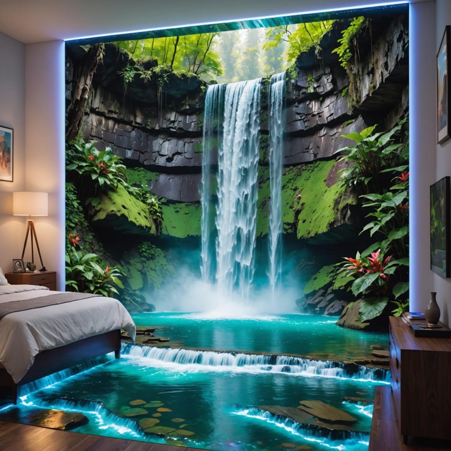 Surreal Waterfall Hologram in Vivid Bedroom