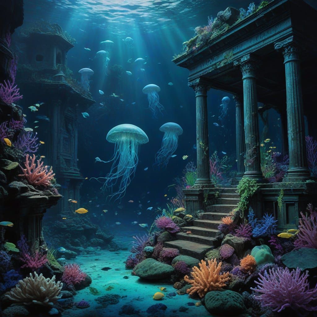 Bioluminescent Coral Reef With Exotic Fish and Ruins