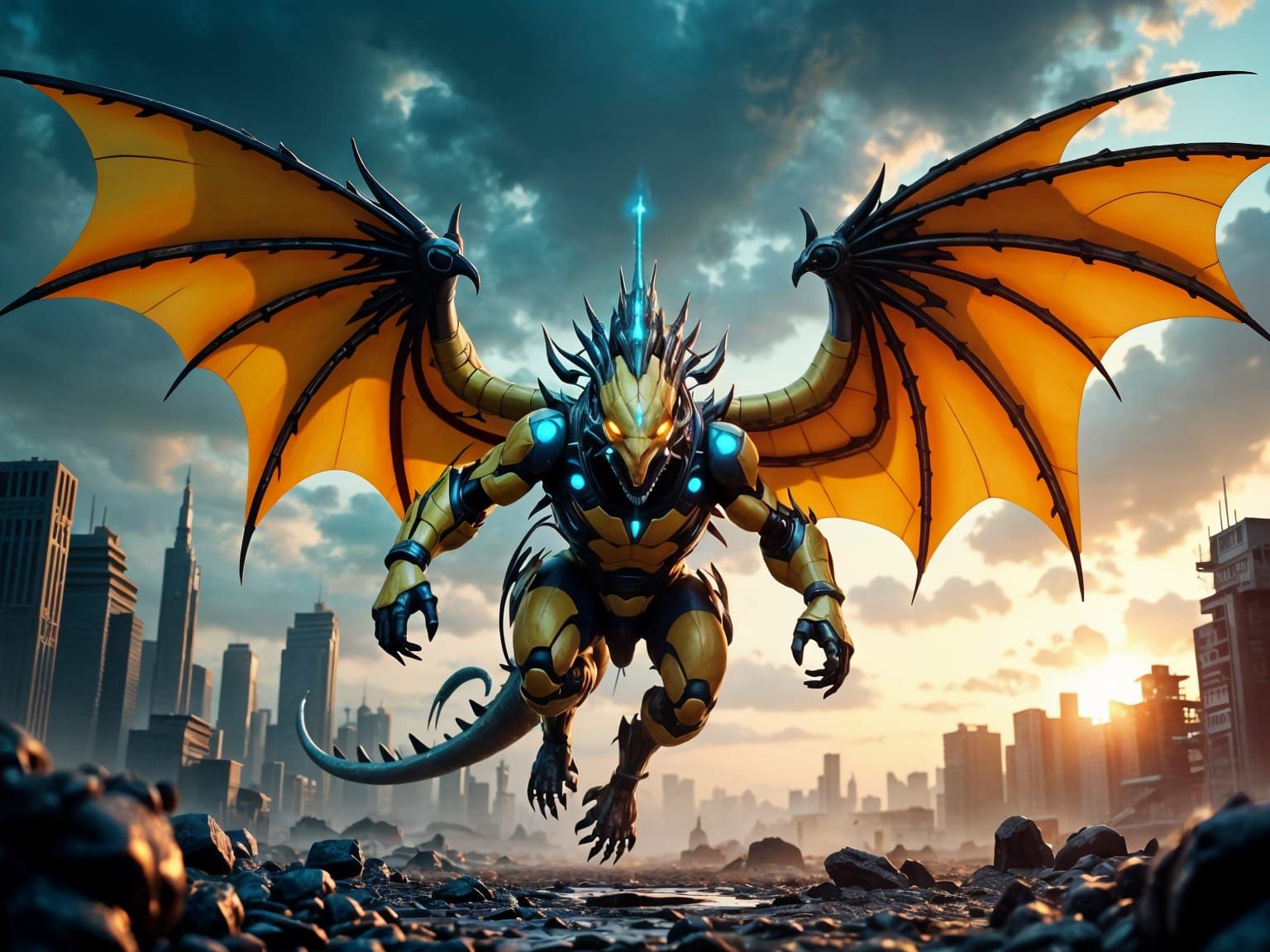 Cyborg Dragon Roaring Over Futuristic Ruins