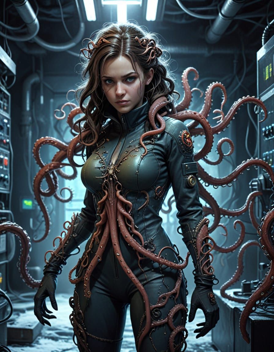 Female Scientist in Dark Frozen Lab, Assisted by Tentacles