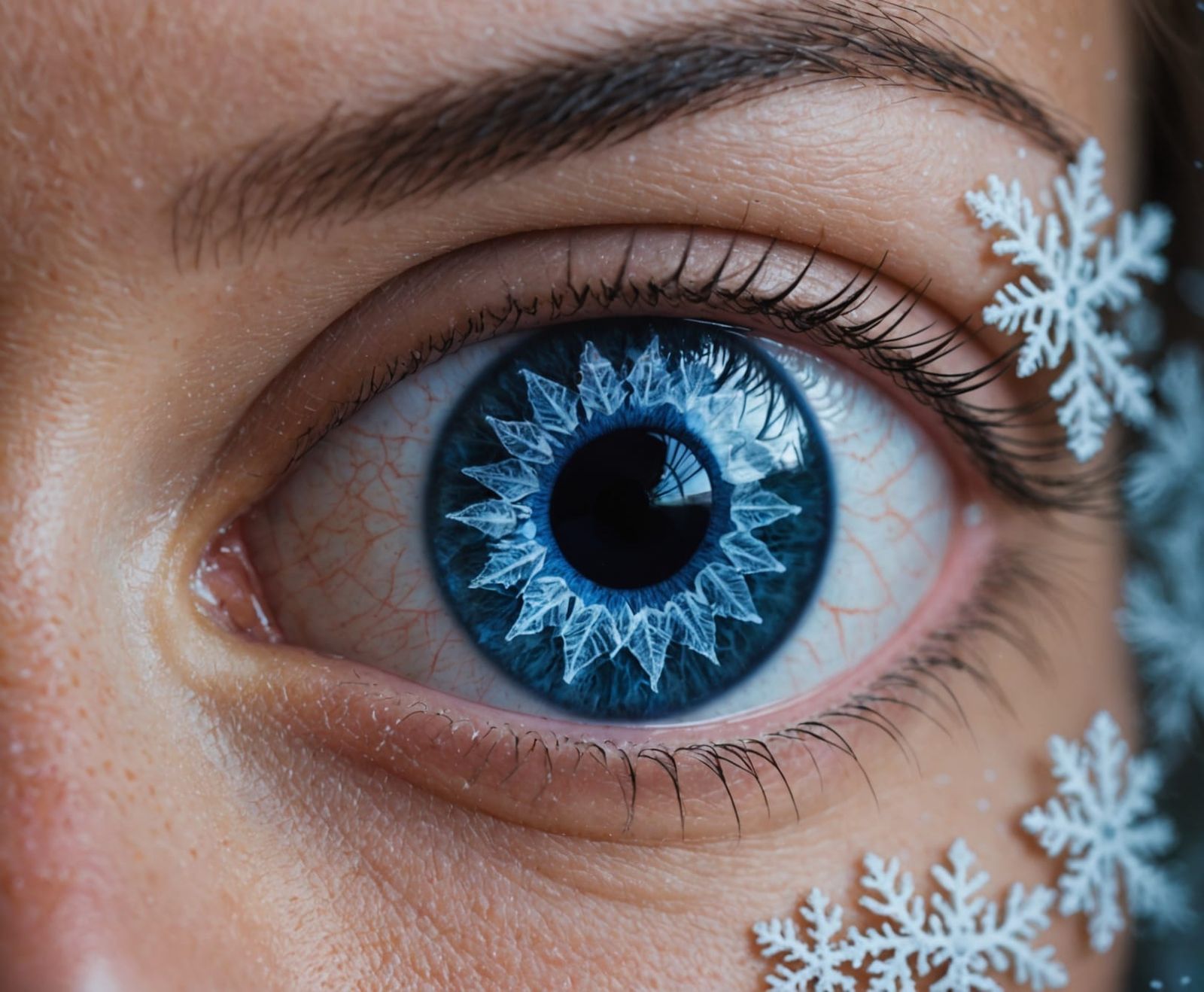 A Glowing Blue Eye in a Snowflake Pattern