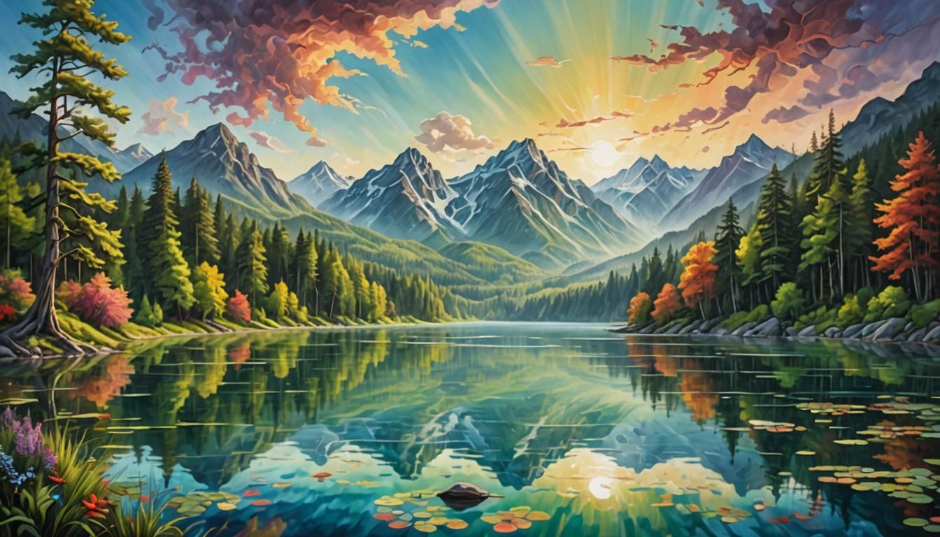 Vibrant Surreal Landscape with Serene Lake, Oil Painting
