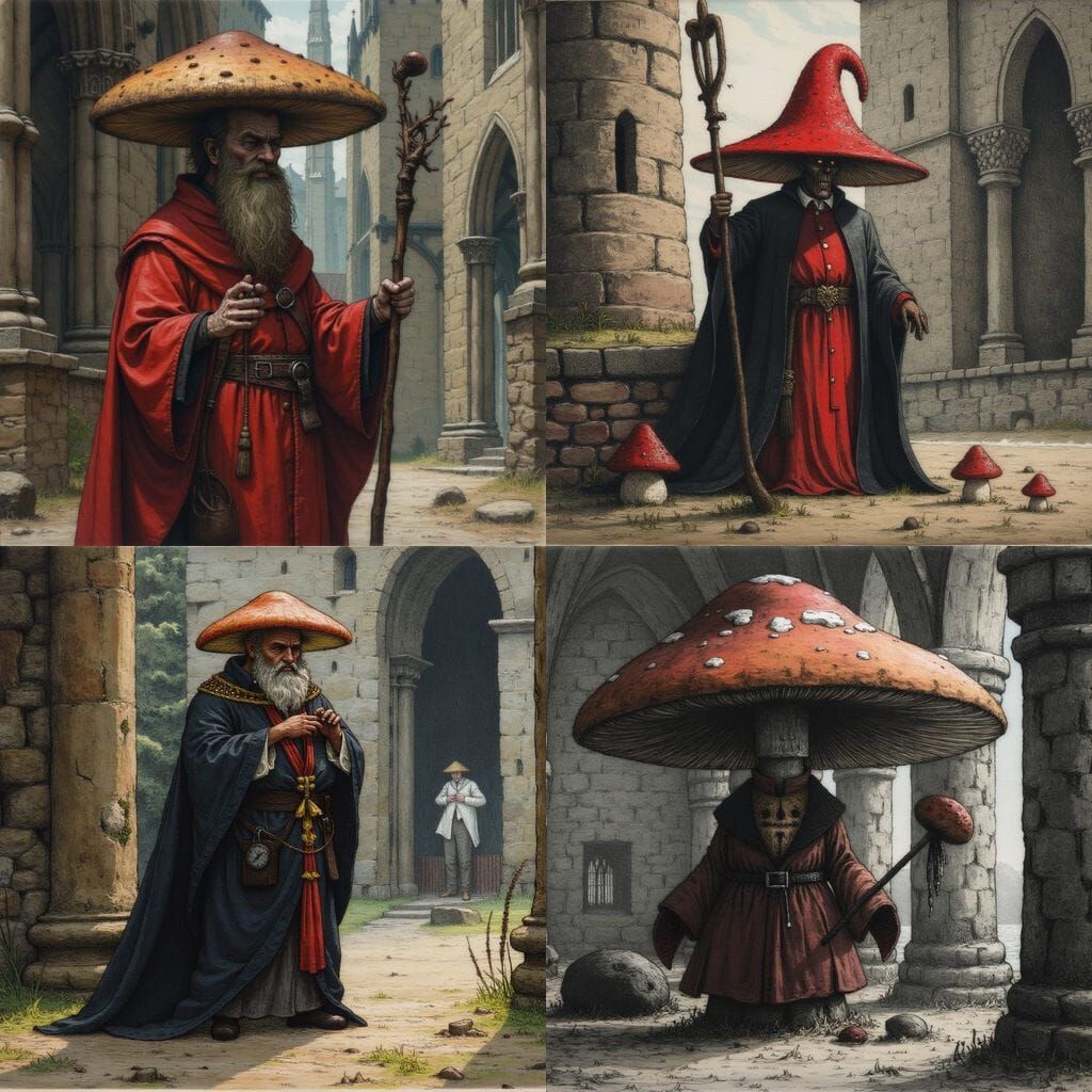 Angry Mushroom Priest in a Gothic Cathedral Scene