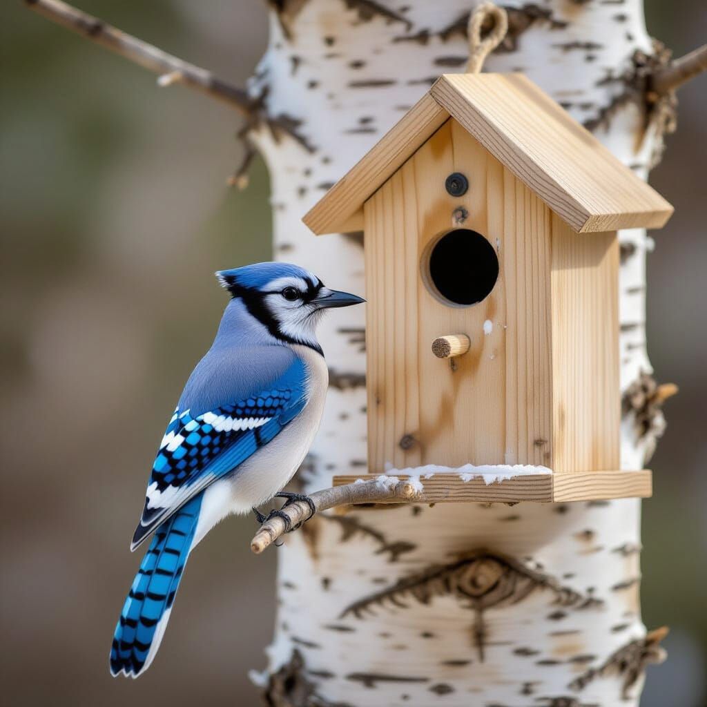 Blue Jay Perches on Birch Branch Outside Birdhouse