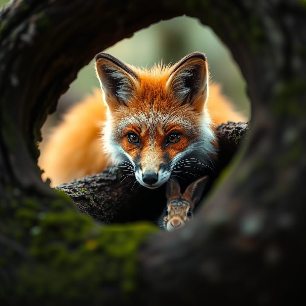 Fox and Bunny in Mossy Log, Wildlife Photography