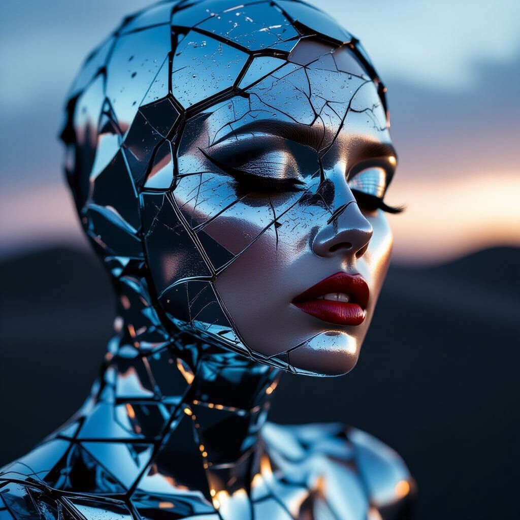 Woman's Face in Liquid Mercury Dress on Black Sand Dunes
