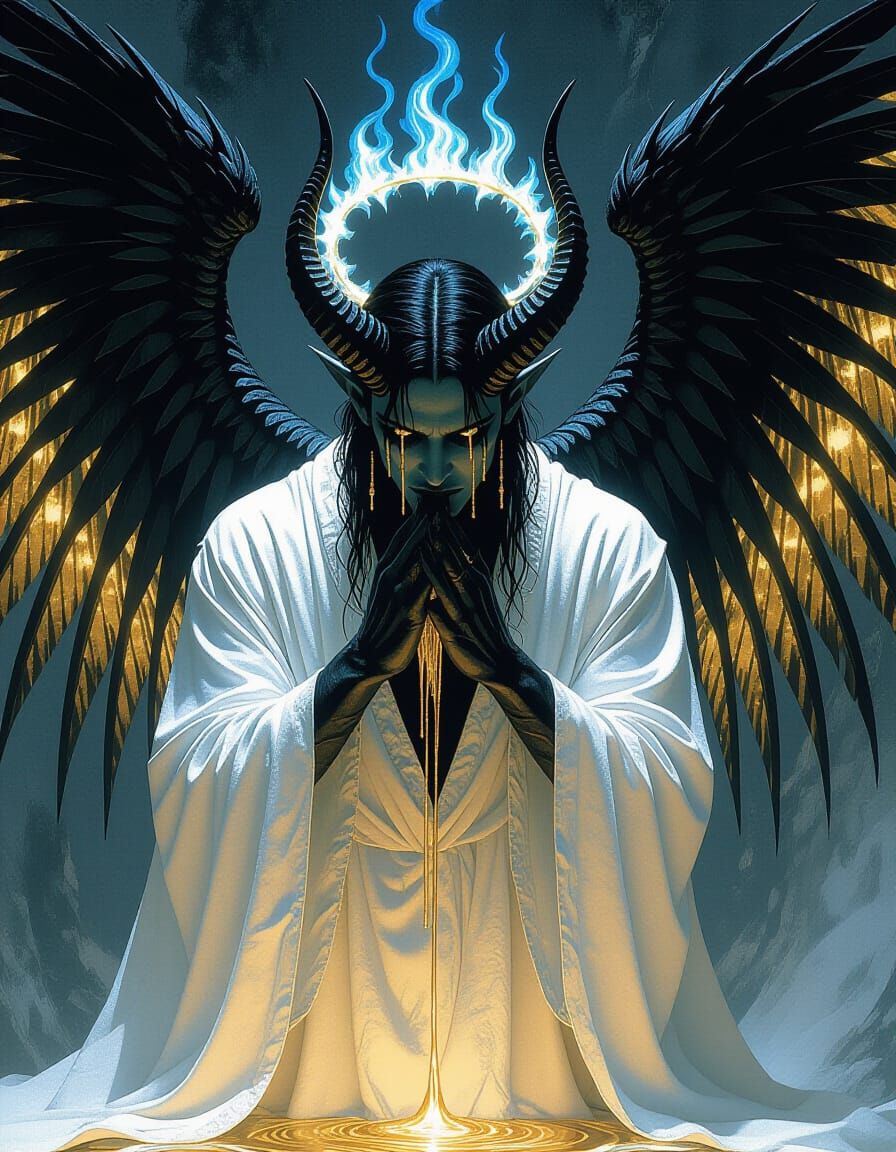 Melancholic Demon with Fiery Halo in Gothic Style