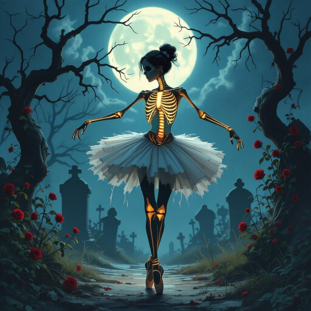 Ethereal Skeletal Ballerina Dances in Graveyard
