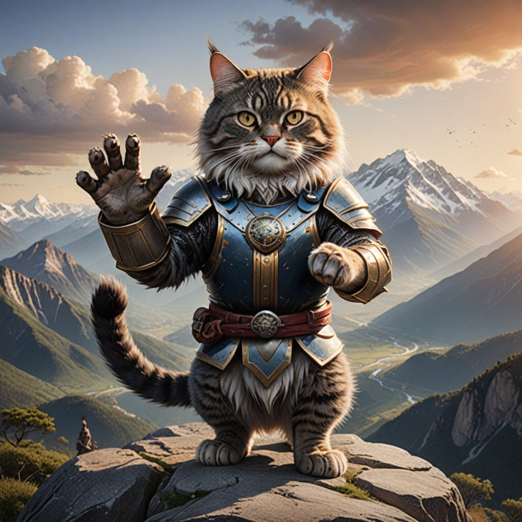 A Feline Titan Holds Two Majestic Mountains Aloft