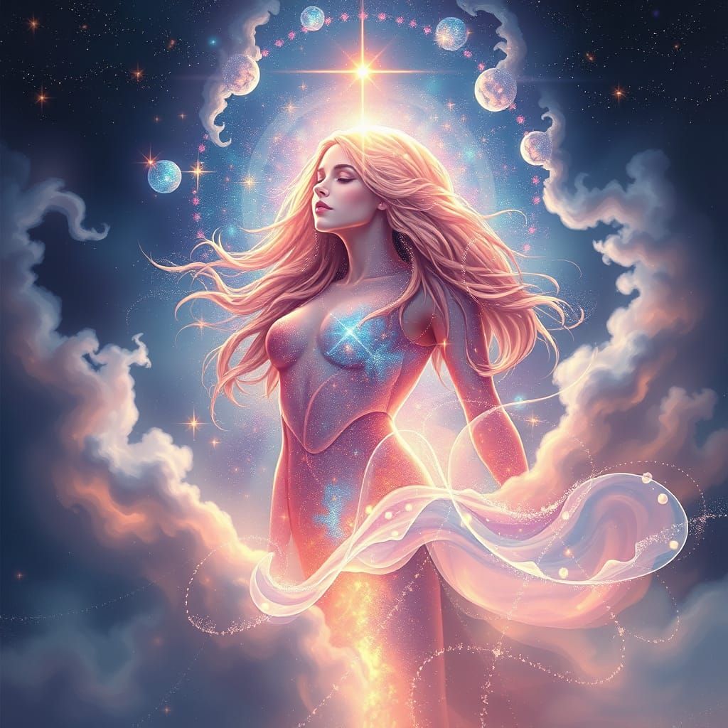 Ethereal Starseed Goddess Shines Amidst Cosmic Nebulae