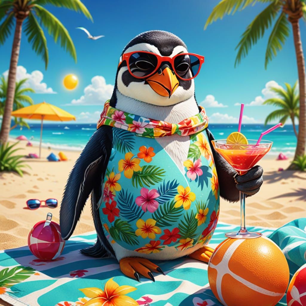 Cartoon Penguin's Beach Vacation in Summer Style