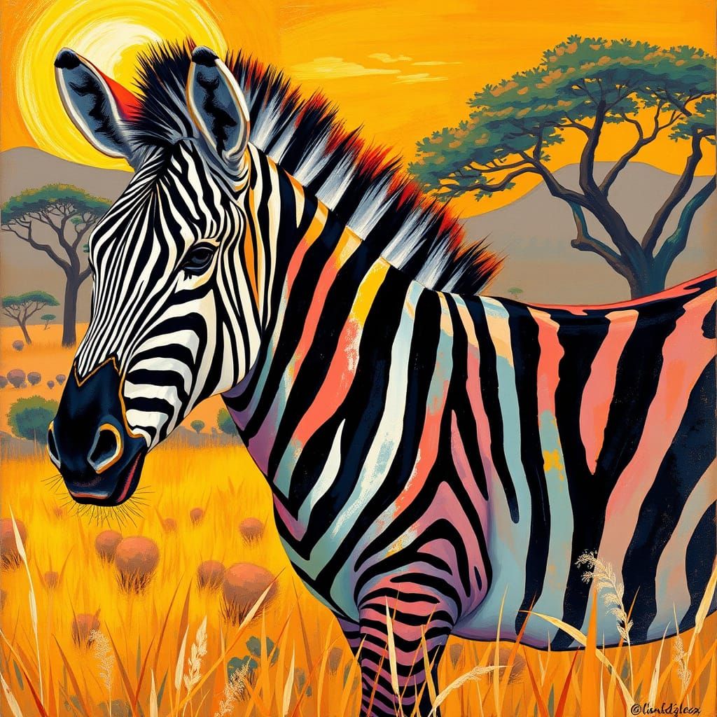 Zebras in Vibrant Fauvist Landscape