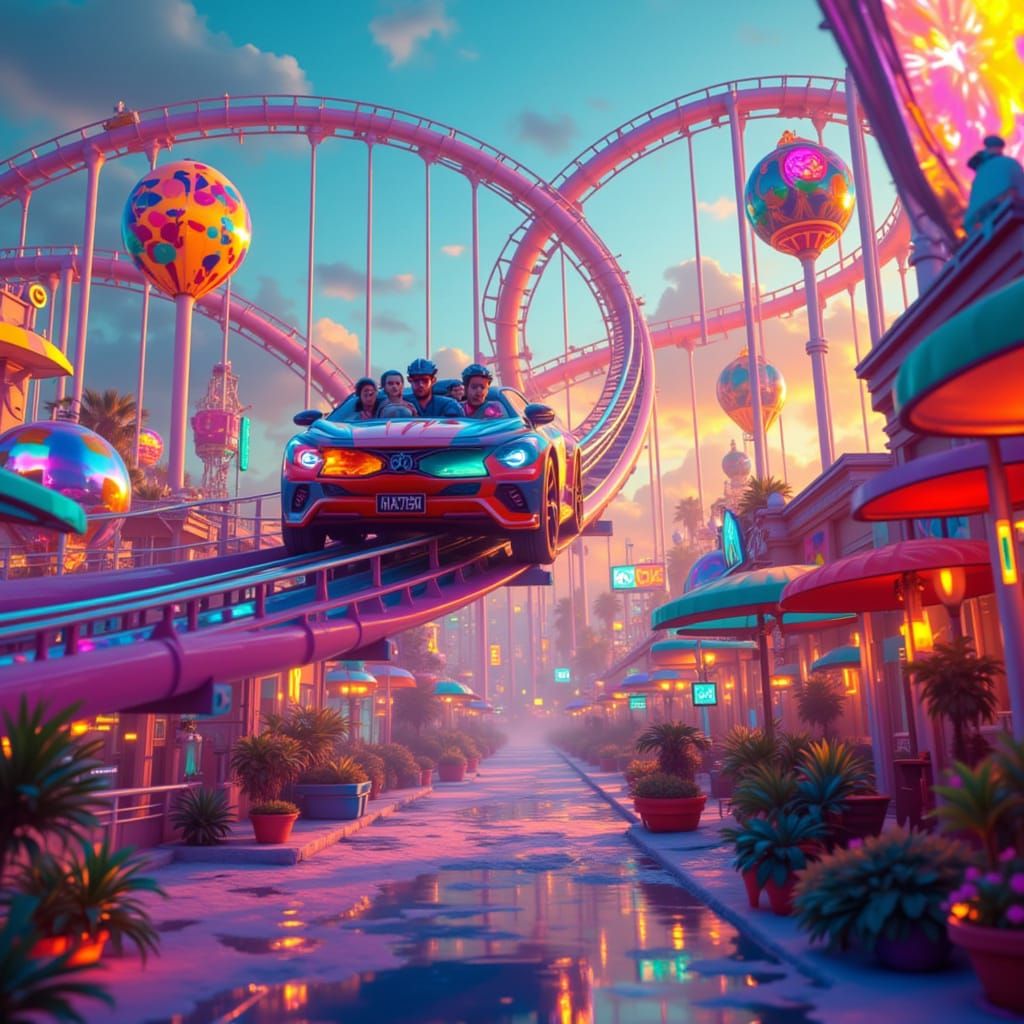 Roller Coaster Crash in Amusement Park: Digital Matte Painti...