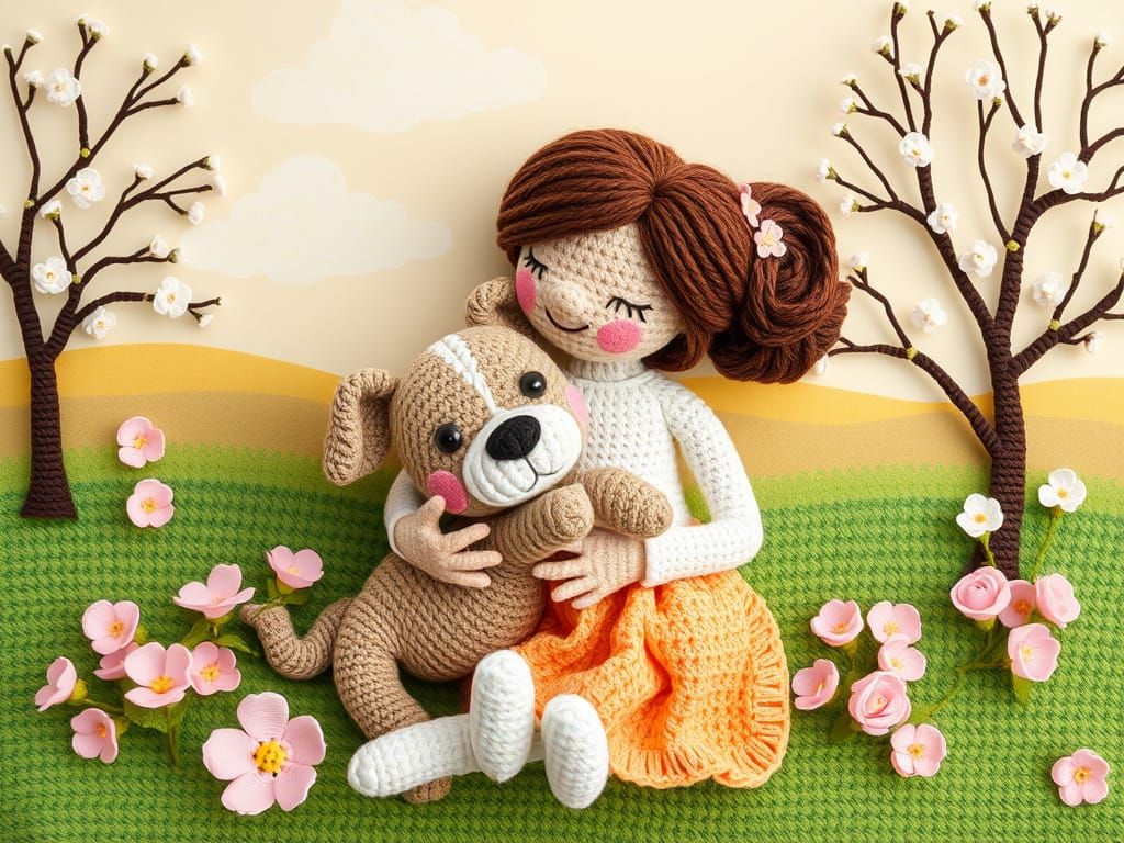 Whimsical Crocheted Woman and Pitbull Puppy in Spring Landsc...