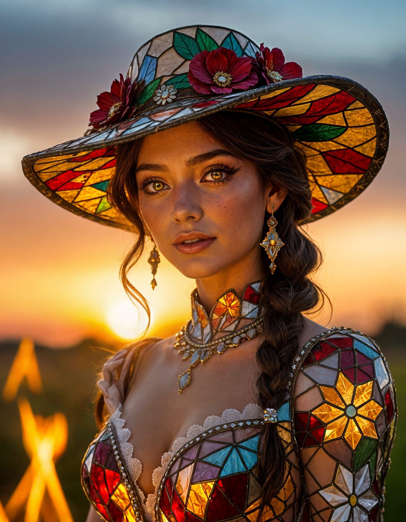Rustic Model in Stained Glass Dress with Golden Eyes