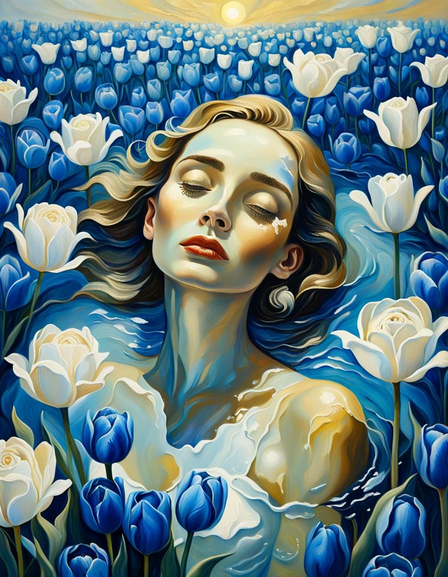 Woman in Surreal Sea of Flowers, Oil Painting