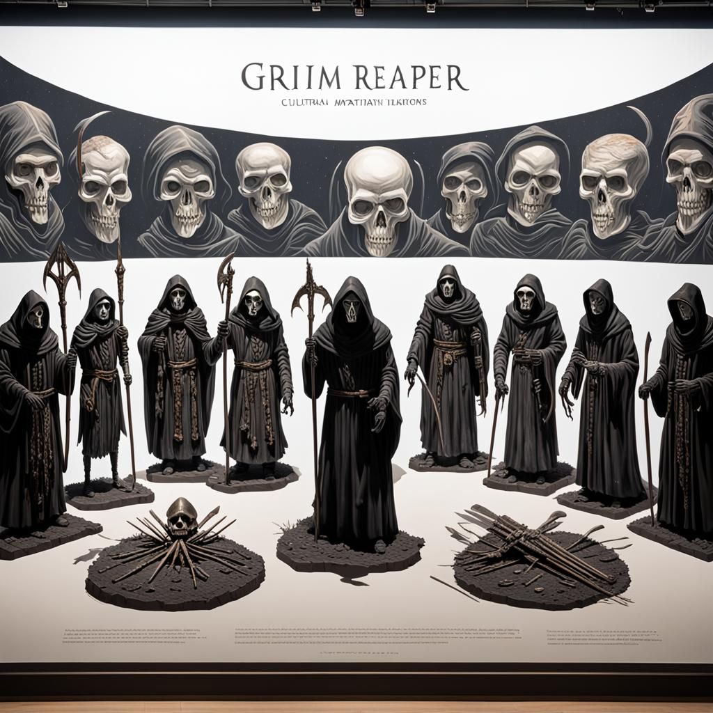 A detailed display depicting the figure of the Grim Reaper according to different cultural interpretations.