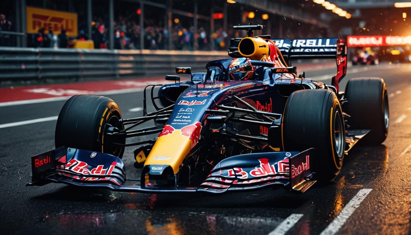 Hyper-Realistic Red Bull F1 Car Illuminated in Warm, Atmosph...