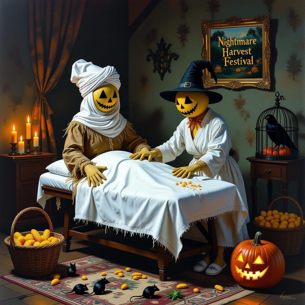 Creepy Whimsical Halloween Scene with Scarecrows