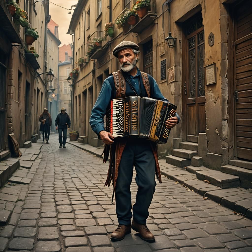 Warsaw Accordion Player in Mystical Alleyway