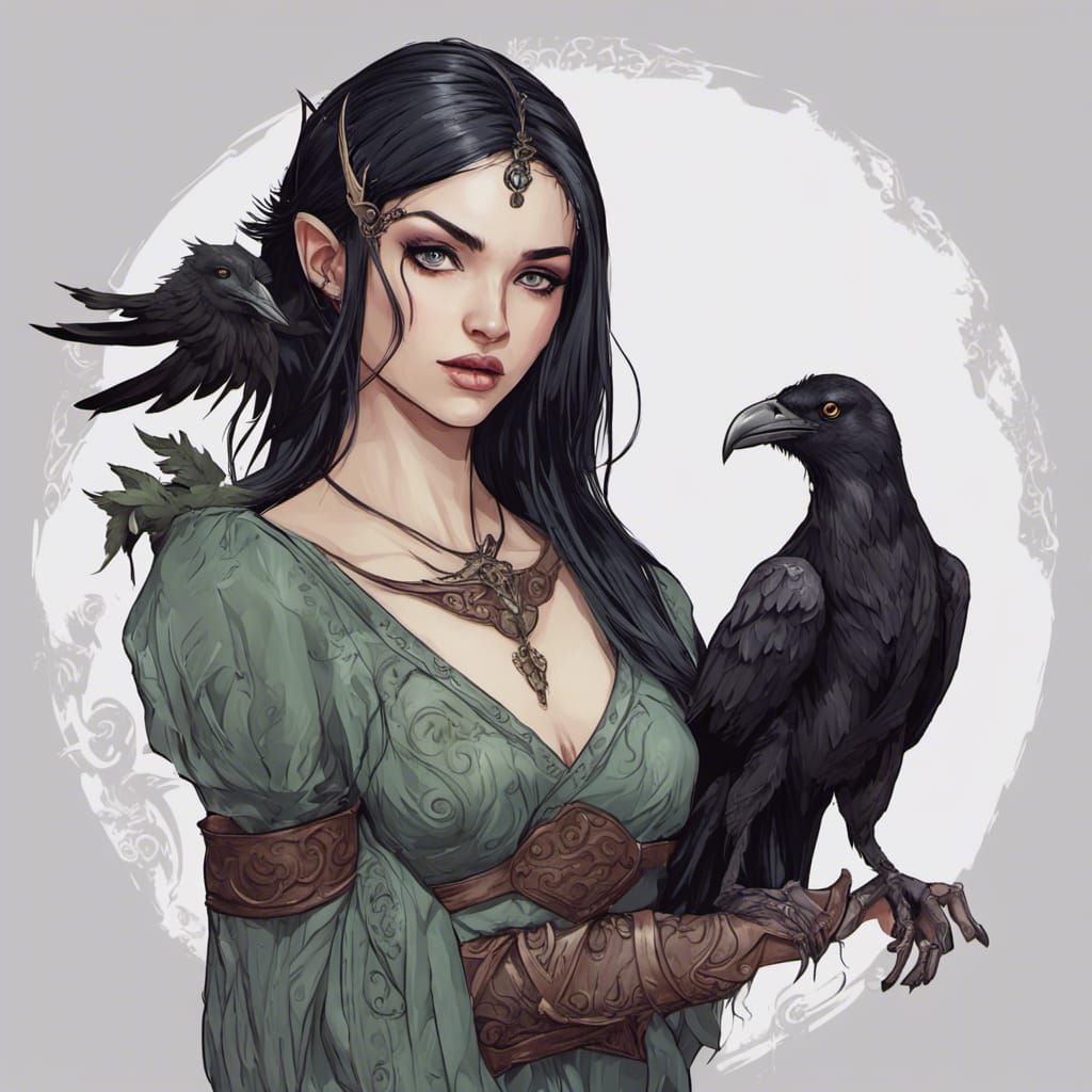 Beautiful female elf with black  hair and an evil raven