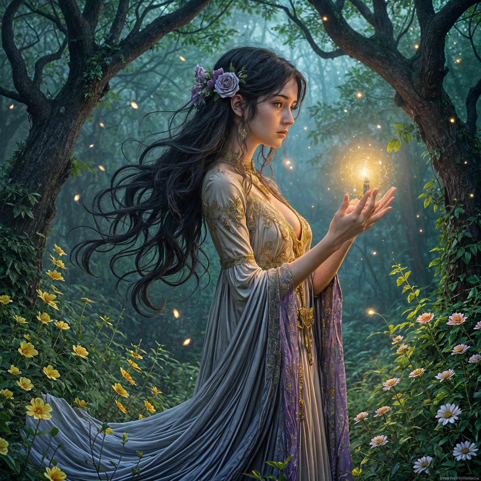 Enchantress Casting Spell in Pre-Raphaelite Forest